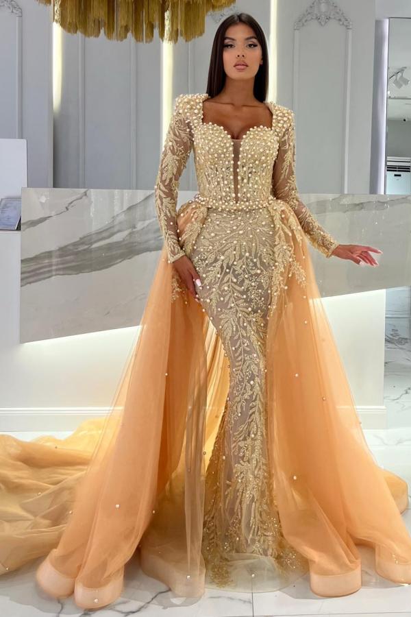 Mermaid Long Sleeves Sweetheart Tulle Prom Dress with Detachable Train