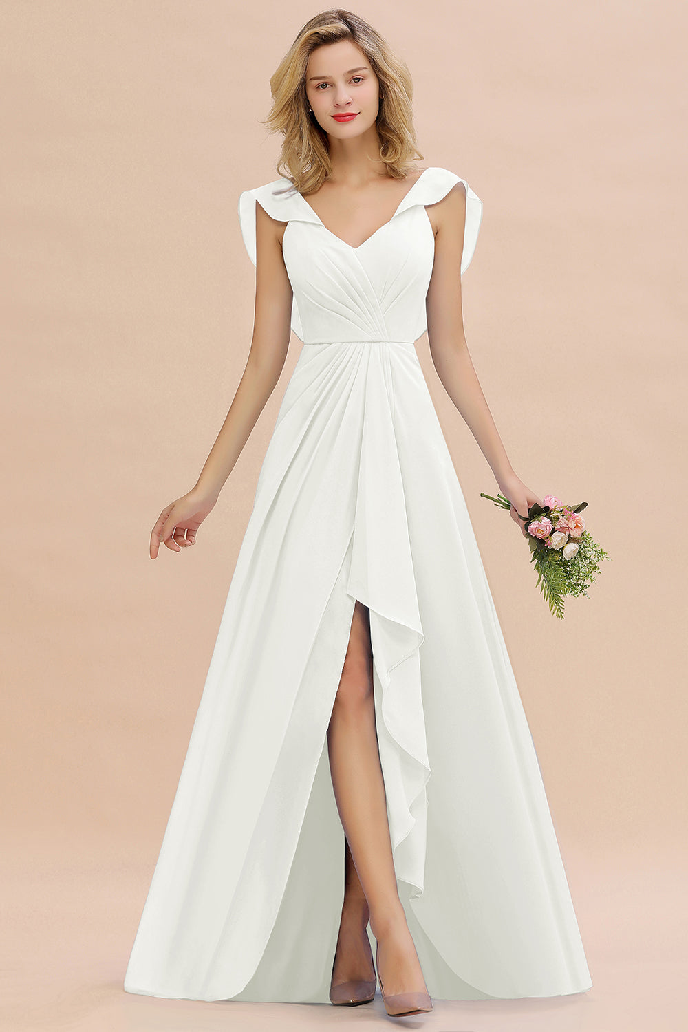 Simple High Low A-line V-Neck Ruffles Chiffon Ivory Bridesmaid Dress