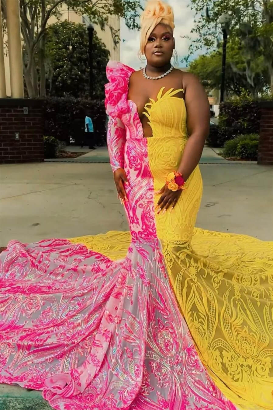 Long One Shoulder Mermaid Tulle Appliques Lace Plus Size Prom Dress
