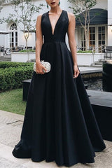 Elegant Black A-Line Deep V-Neck Halter Sleeveless Satin Long Prom Dress with Bow