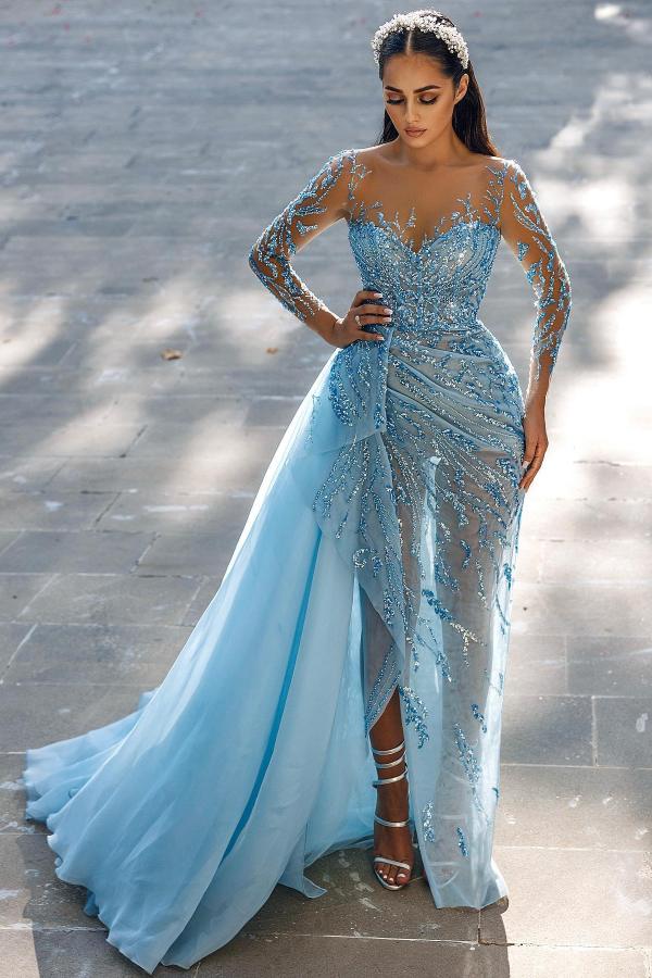 Long Mermaid Sweetheart Sparkle Front Slit Prom Dress with Sleeves