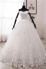 Long Ball Gown Off the Shoulder Tulle Wedding Dress with Lace Appliques