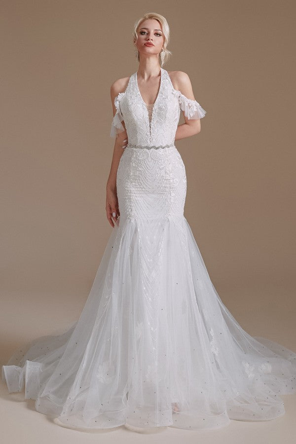 Elegant Long Mermaid Halter Tulle Floor Length Wedding Dress with Appliques Lace