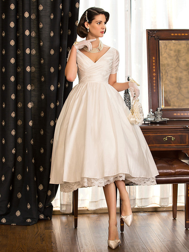 Short A-Line V Neck Tea Length Taffeta Wedding Dresses with Short Sleeve
