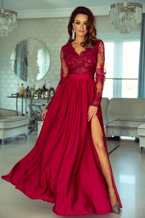 A-line V-neck Chiffon Lace Long Sleeves Prom Dress with Slit