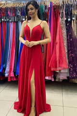 A-line V-neck Spaghetti Straps Backless Ruffles Split Chiffon Prom Dress