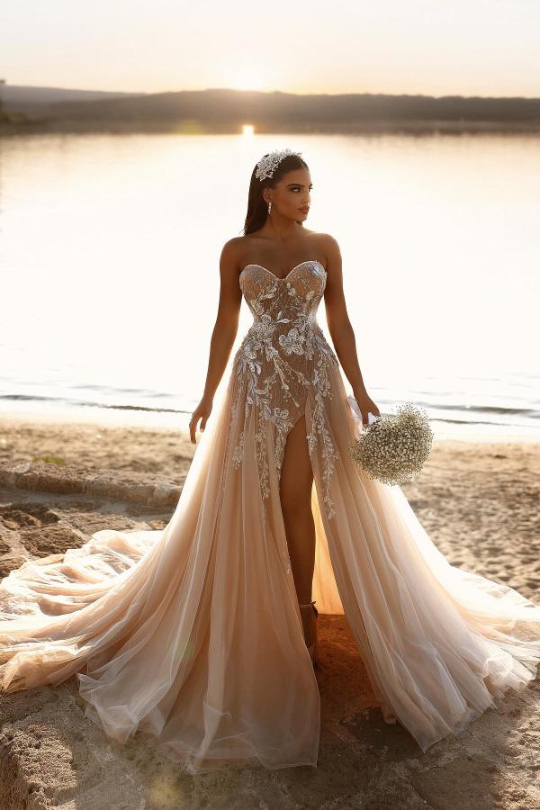 Beautiful Champagne A-Line Sweetheart Sleeveless Long Beading Wedding Dress with High Split
