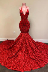 Long Mermaid Halter Spaghetti Strapes Floral Lace Backless Prom Dress
