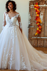 Long Lace-up Appliques Tulle Ball Gown Wedding Dress with Sleeves