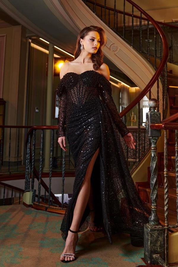 Black Long Mermaid Off the Shoulder Tulle Front Split Long Sleeves Formal Dress with Beading