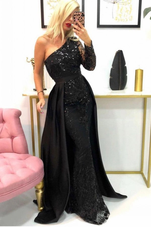 Black Mermaid One Shoulder Long Sleeve Appliques Lace Sequins Satin Prom Dress