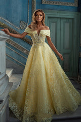 Long A-line Off the Shoulder Tulle Lace Formal Prom Dresses