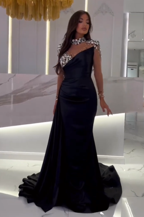Long Sleeve Floor Length Mermaid Satin Black Prom Dress with Beads