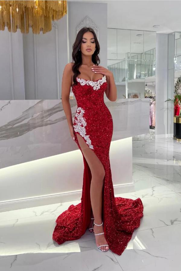 Elegant Long Mermaid Sweetheart Sequined Lace Formal Prom Dresses with Slit