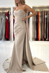 Long Mermaid Strapless Satin Prom Dress with Slit