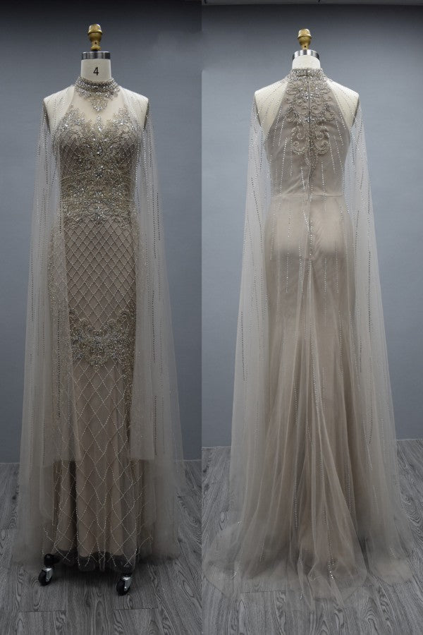 Elegant Long Mermaid High Neck Tulle Beading Formal Evening Dresses