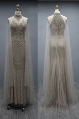 Elegant Long Mermaid High Neck Tulle Beading Formal Evening Dresses