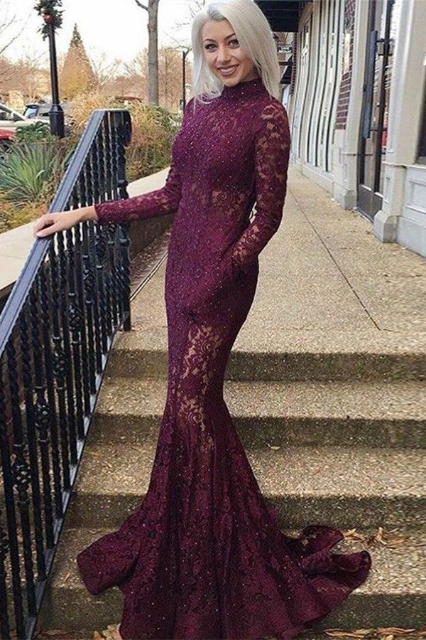Long Sleeves High Neck Lace Mermaid Prom Dress with Pockets