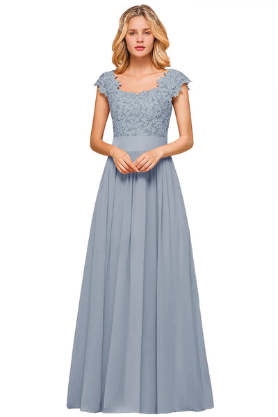 Dusty Blue Long A-line Cap sleeves Lace Bridesmaid Dresses with Appliques