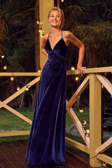 Simple Long A-line V-neck Spaghetti Straps Open Back Velvet Formal Evening Dress