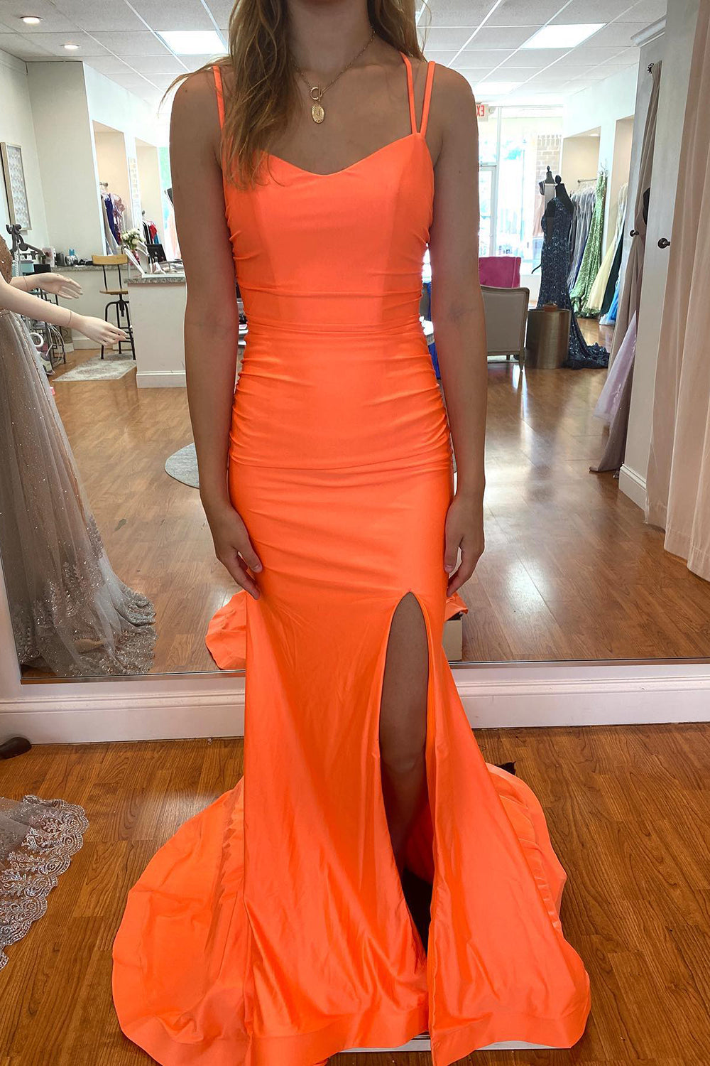 Orange Long Spaghetti Straps Backless Mermaid Prom Dress With Split