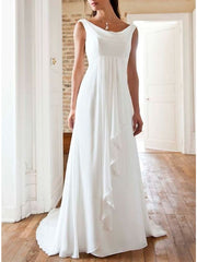 Long A-Line Jewel Neck Chiffon Sleeveless Beach	 Wedding Dresses