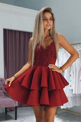 Elegant burgundy Short A-line V-neck Satin Homecoming Dress