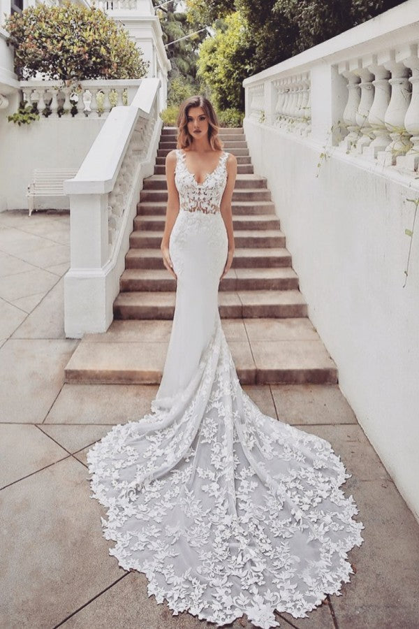 Gorgeous Long Mermaid V-neck Lace Chiffon Wedding Dress