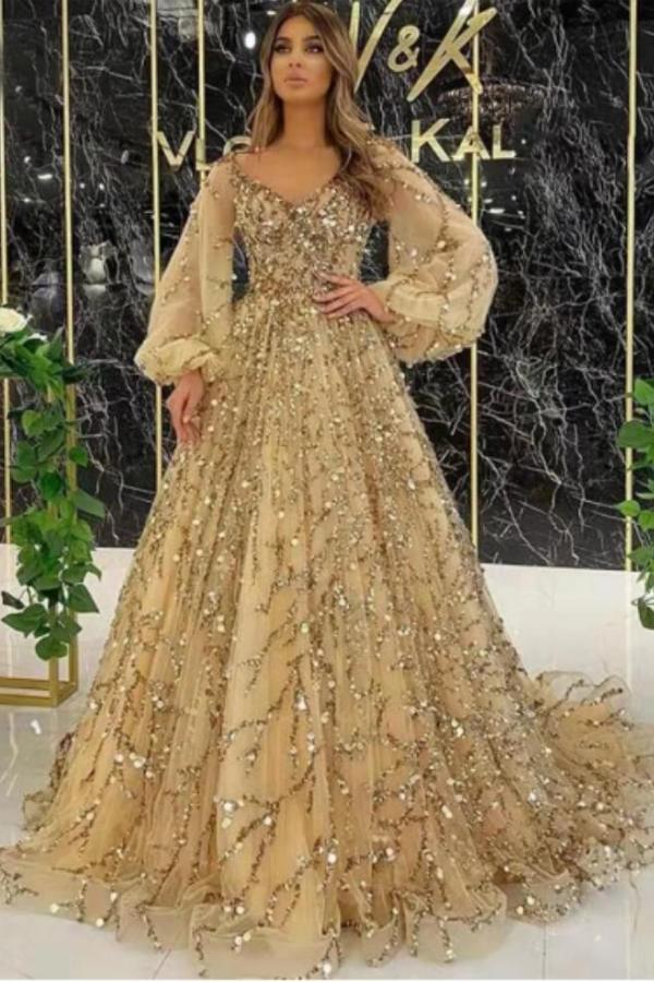 Long A-line V-neck Tulle Beading Formal Prom Dress with Sleeves