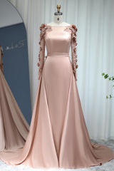 Long Sleeves Mermaid Satin Flower Beadings Formal Evening Dresses with Sweep Train