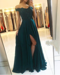 Long A-Line Off the Shoulder Chiffon Beading Ruffles Prom Dress With Side Slit