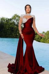 Burgundy Long Mermaid High Neck Satin Beaded Prom Dresses with Sleeves
