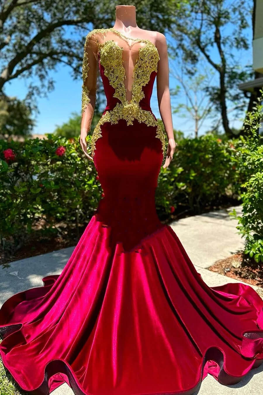 Long Mermaid V-Neck Appliques Lace Backless One Shoulder Velvet Formal Dress
