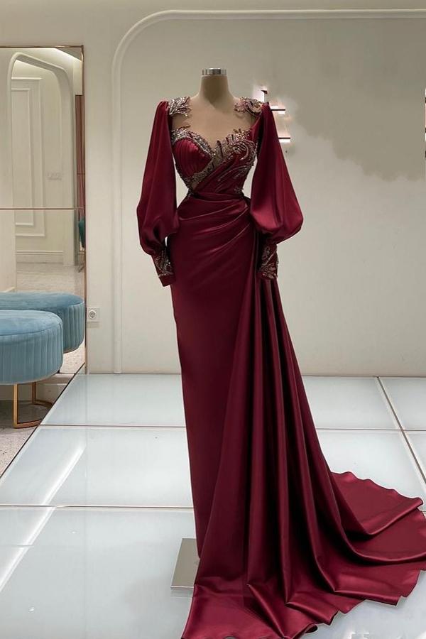 Burgundy Long Mermaid Sweetheart Satin Beading Evening Formal Dresses with Sleeves