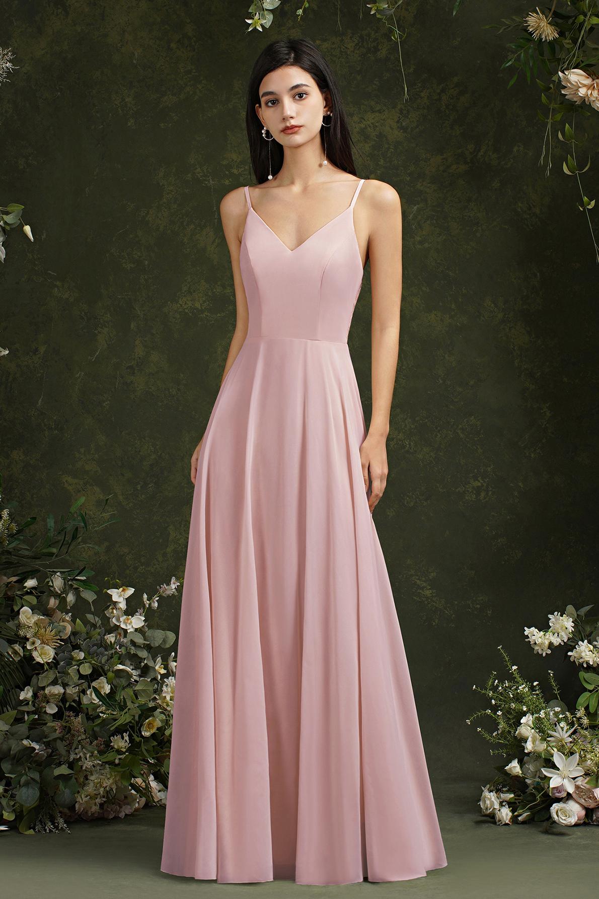 Long A-line Spaghetti Straps V-neck Floor Length Chiffon Formal Evening Dress