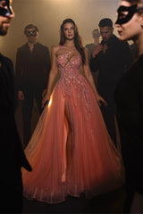Long A-line One Shoulder Tulle Ruffles Beading Prom Dress with Slit