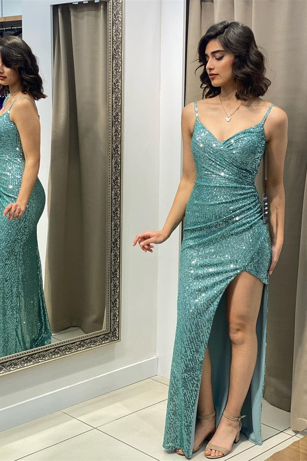 Long Mermaid V-neck Spaghetti Straps Sequins Prom Dress with Slit