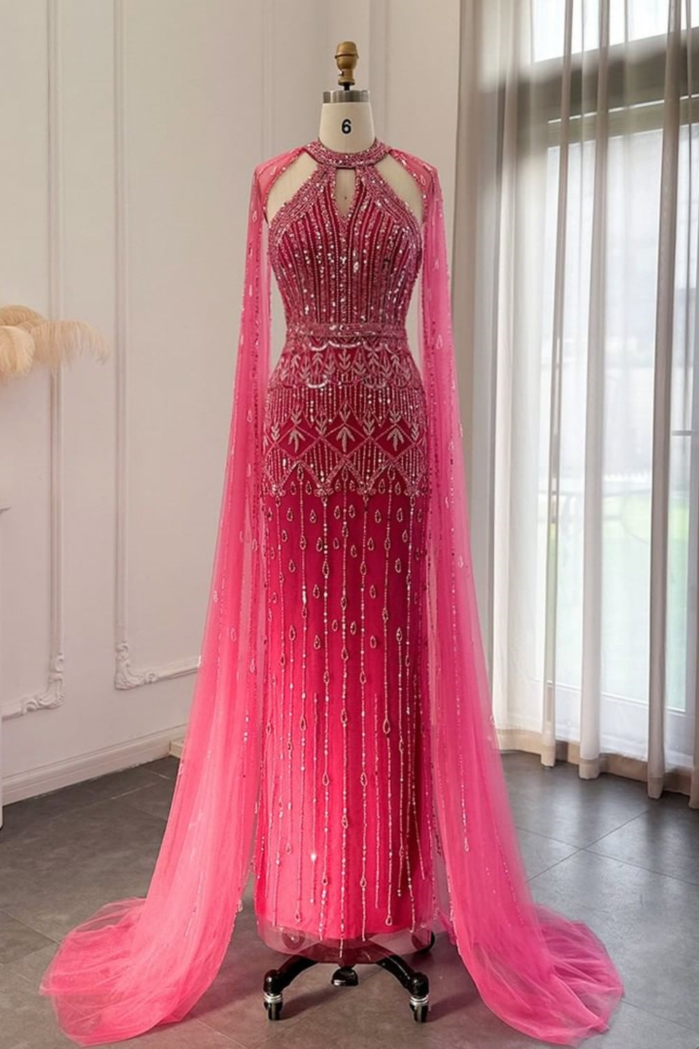 Long Mermaid Halter Beading Sequins Tulle Formal Prom Dresses with Tulle Shawl