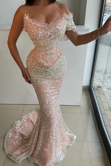Strapless One Shoulder Long Mermaid Prom Dress with Sequins