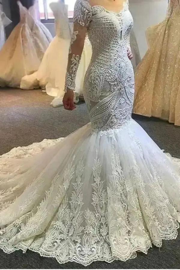 Elegant Mermaid Sweetheart Lace Tulle Long Appliques Wedding Dress with Sleeves