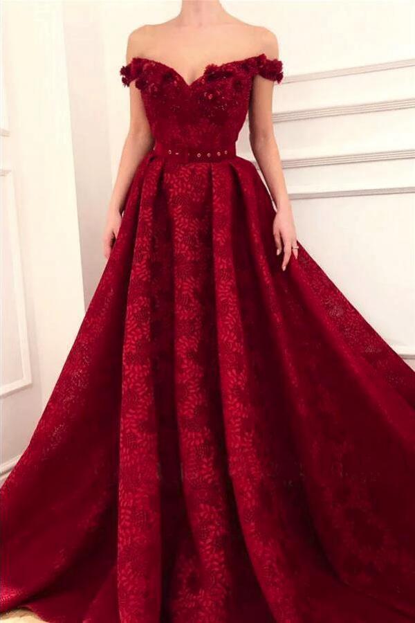 Elegant Long A-line Off the Shoulder Satin Lace Formal Prom Dress