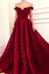 Elegant Long A-line Off the Shoulder Satin Lace Formal Prom Dress