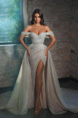 Gorgeous Long Sequins Floor Length Off the Shoulder Mermaid Wedding Dress with Ruffles