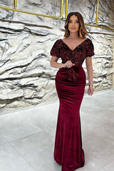 Gorgeous Long Mermaid V-neck Velvet GlitterFormal Dress with Sleeves
