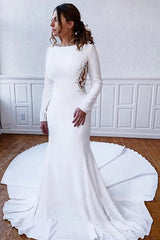 Simple Long Mermaid Satin Lace Back Wedding Dresses with Sleeves