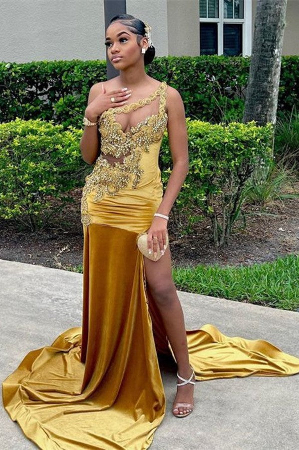Long Mermaid One Shoulder Satin Appliques Lace Prom Dress with Slit