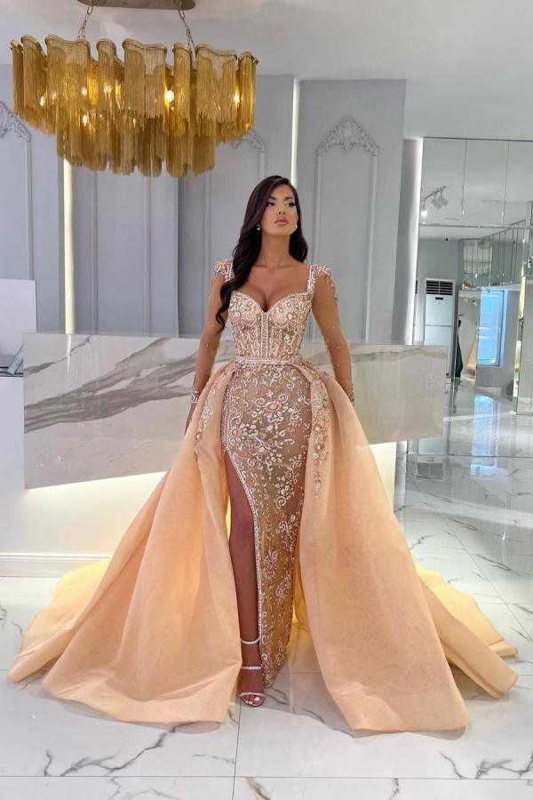 Elegant Long Mermaid Sweetheart Tulle Lace Formal Prom Dresses with Slit