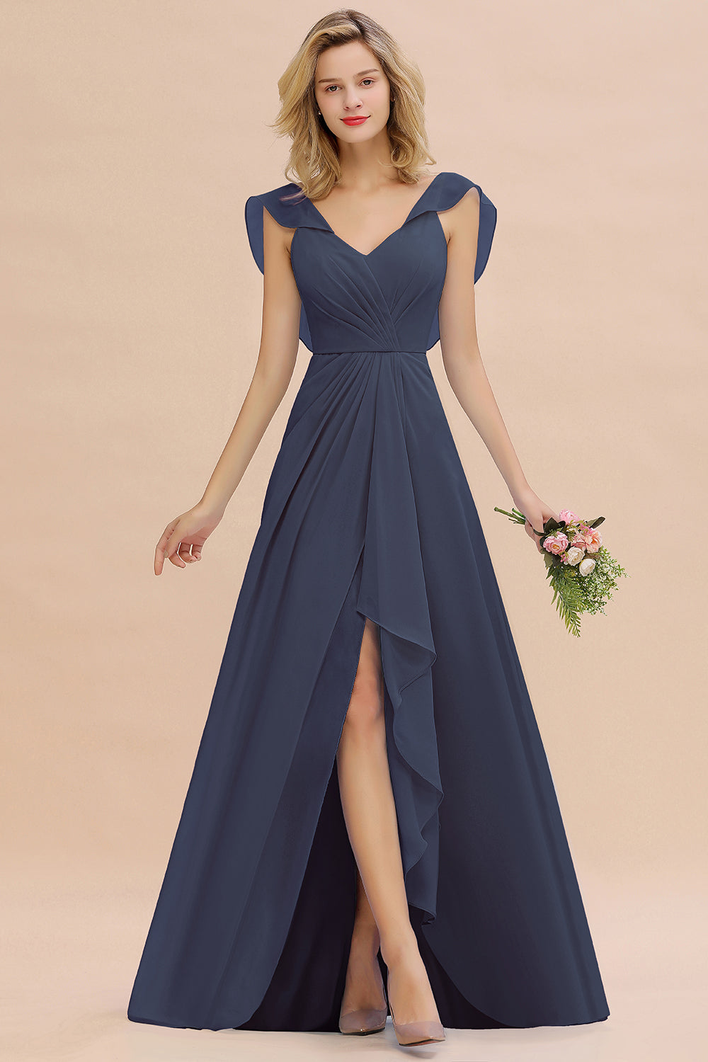 Simple High Low A-line V-Neck Ruffles Chiffon Stormy Bridesmaid Dress