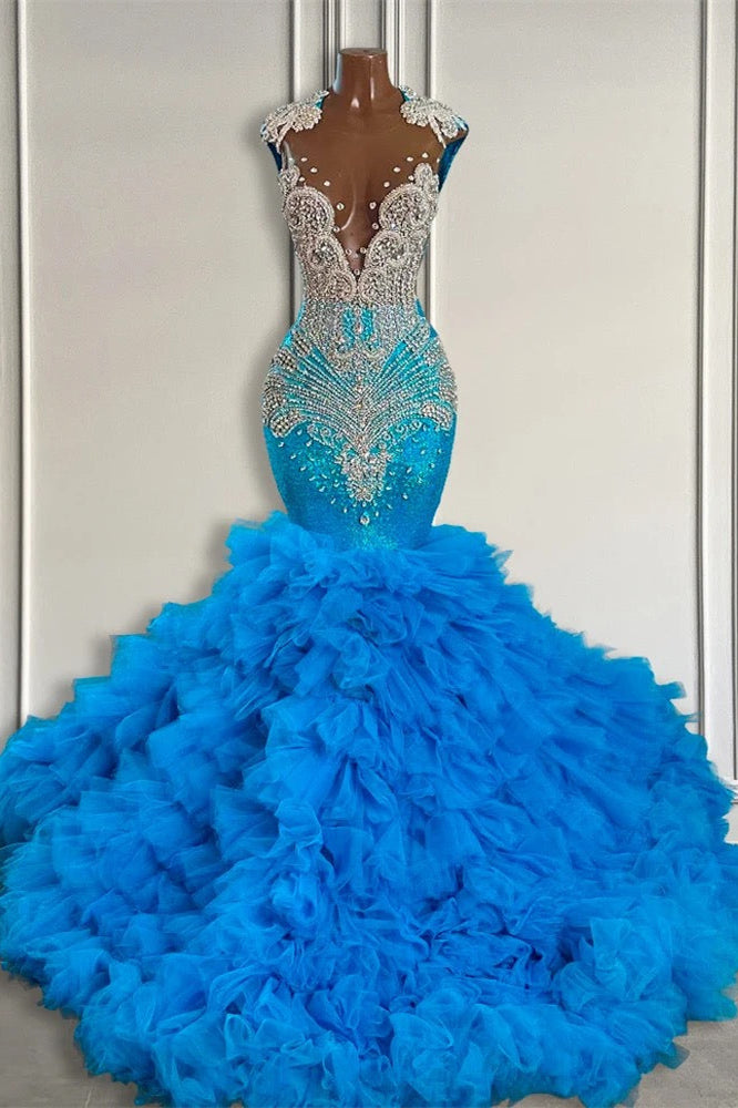 Elegant Long Mermaid Deep V-neck Ruffles Beaded Prom Dresses