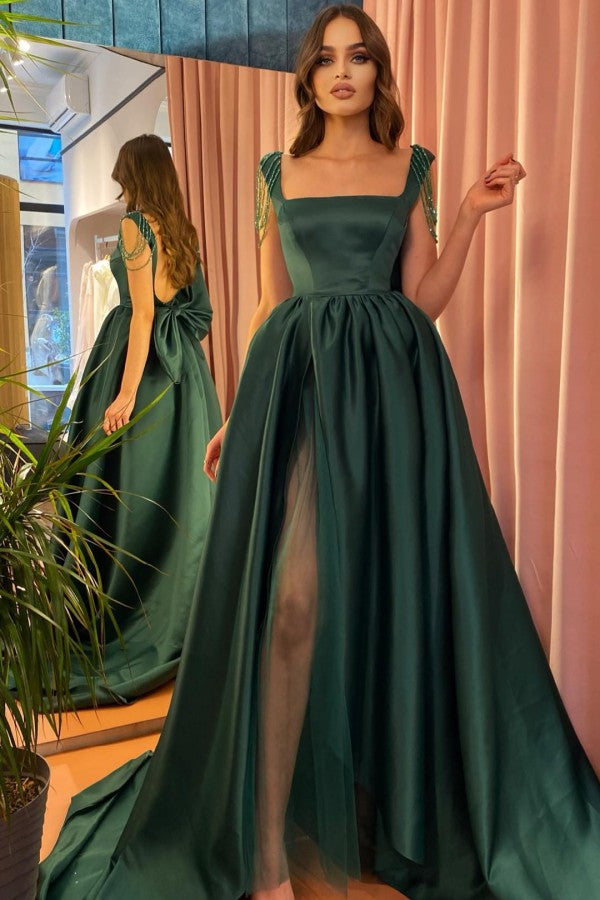 Long A-line Dark Green Front Slit Open Back Prom Dress With Bow